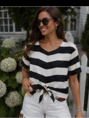 Tibi Pearl Striped Tie Front Blouse Black White Designer Top XS